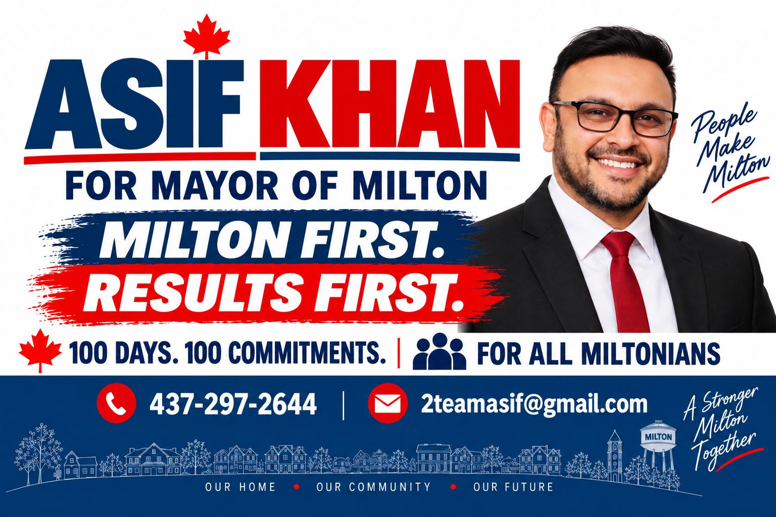 Asif Khan for Mayor of Milton campaign banner with contact details